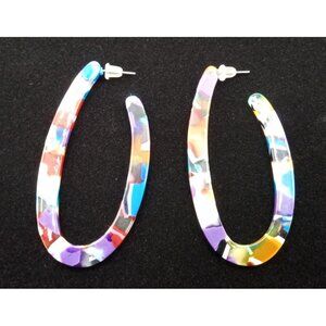 Colorful Oval Acrylic Hoop Earrings 2.5 Inch Stainless Steel Posts Vintage 1980s